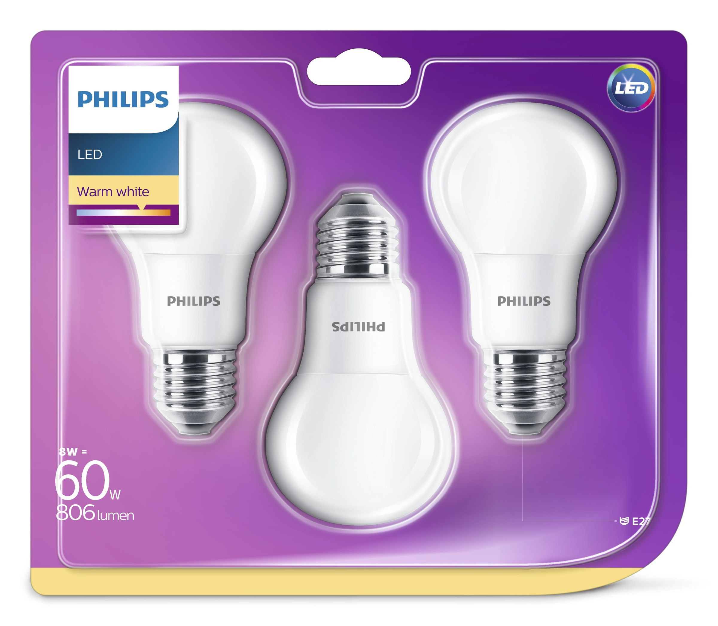 LED Philips E27 8W (60W) branco morno, não ajustável